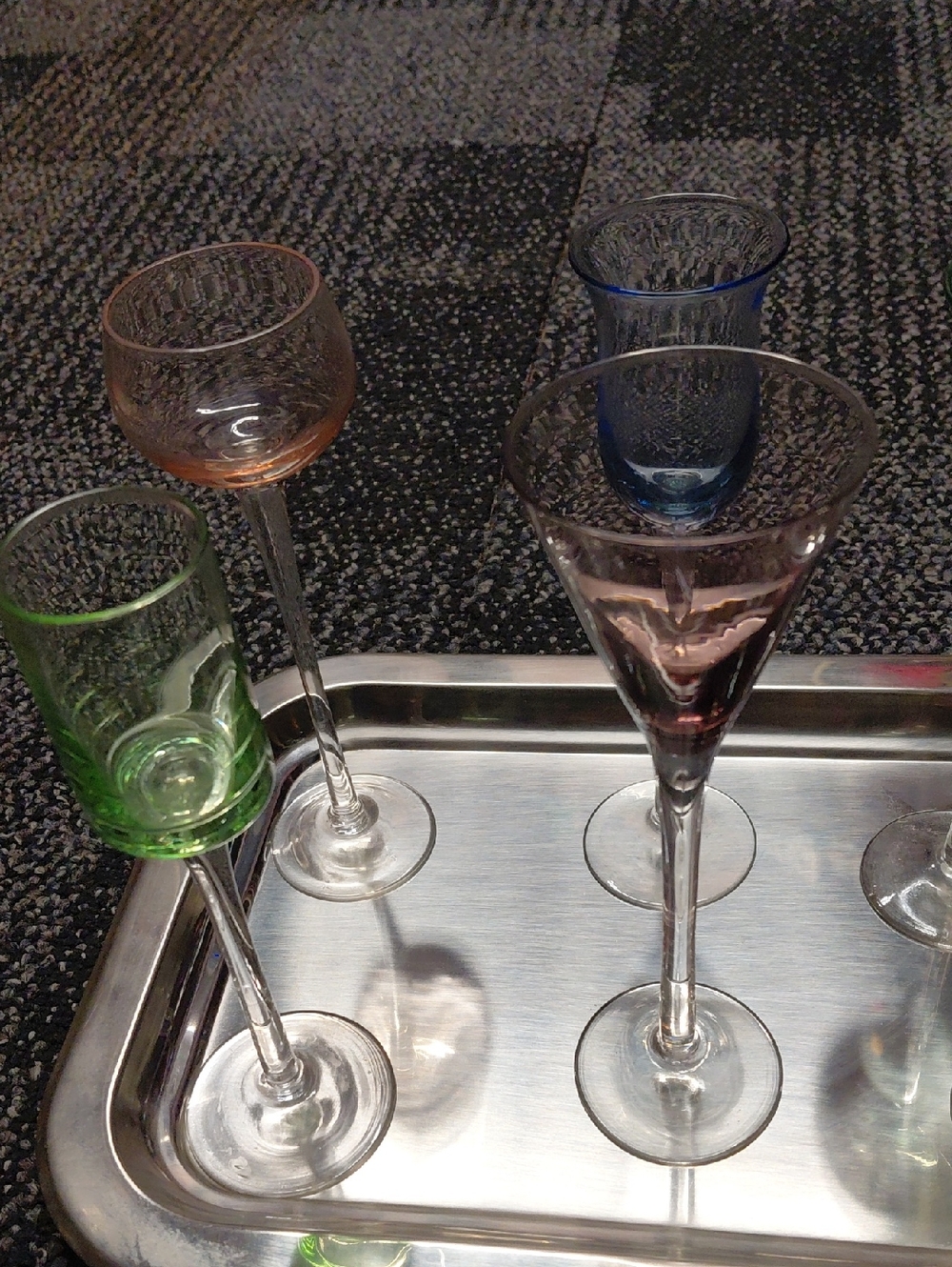 vintage multi-colored cordial or liqueur glasses with Silver Tray - Picture 3 of 3